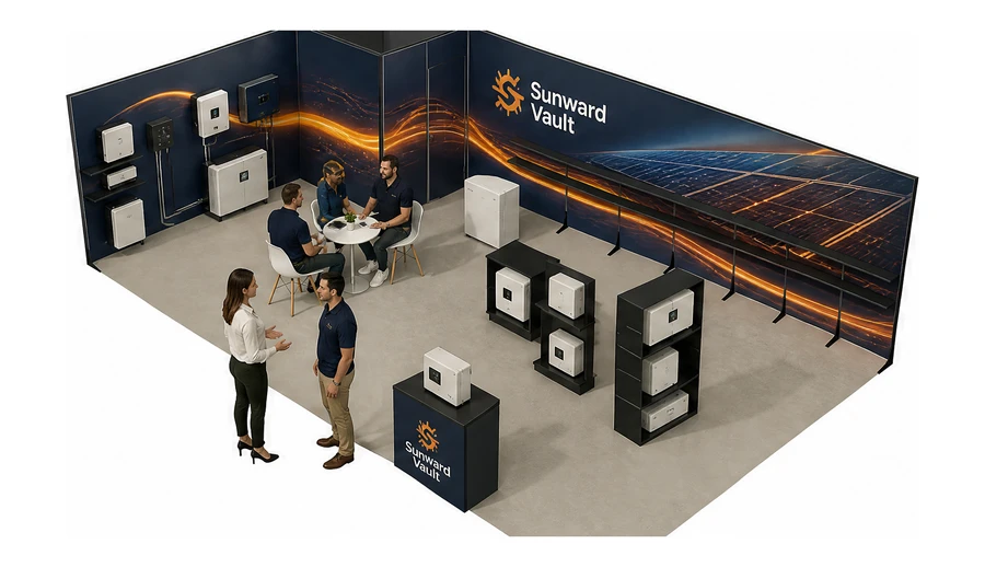 Stoisko 10 × 6 m narożne lewe dla branży fotowoltaika, przykładowa marka Sunward Vault
