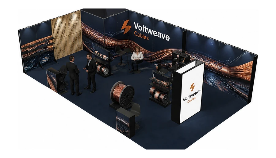 Stoisko 10 × 6 m narożne lewe dla branży kable i elektrotechnika, przykładowa marka Voltweave Cables