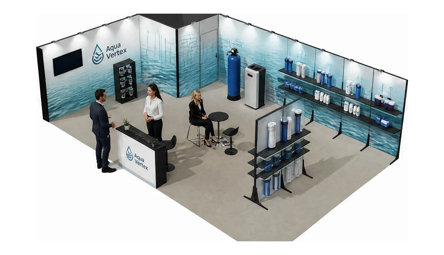 Stoisko 10 × 6 m narożne lewe dla branży technologie wodne, przykładowa marka Aqua Vertex