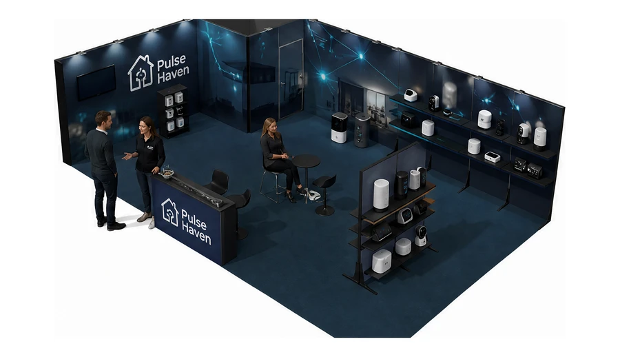 Stoisko 10 × 6 m narożne lewe dla branży smart home i IoT, przykładowa marka Pulse Haven