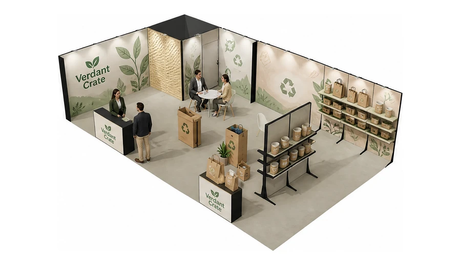 Stoisko 10 × 6 m narożne lewe dla branży opakowania ekologiczne, przykładowa marka Verdant Crate
