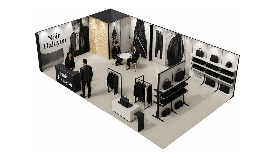 Stoisko 10 × 6 m narożne lewe dla branży odzież i moda, przykładowa marka Noir Halcyon