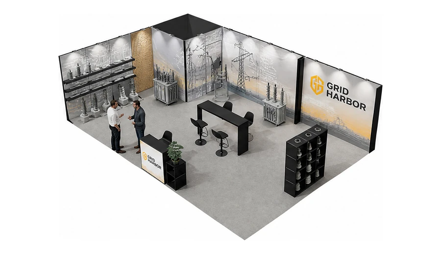 Stoisko 10 × 6 m narożne lewe dla branży energetyka i sieci, przykładowa marka Grid Harbor