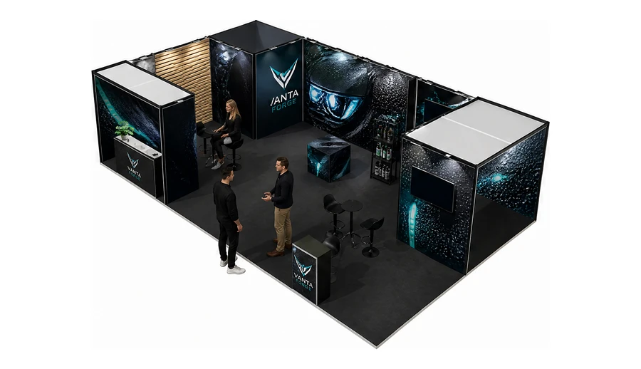 Stoisko 10 × 6 m narożne lewe dla branży tuning i detailing, przykładowa marka Vanta Forge