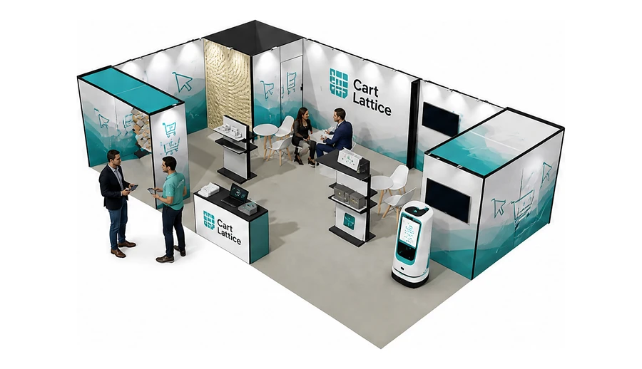 Stoisko 10 × 6 m narożne lewe dla branży e-commerce, przykładowa marka Cart Lattice