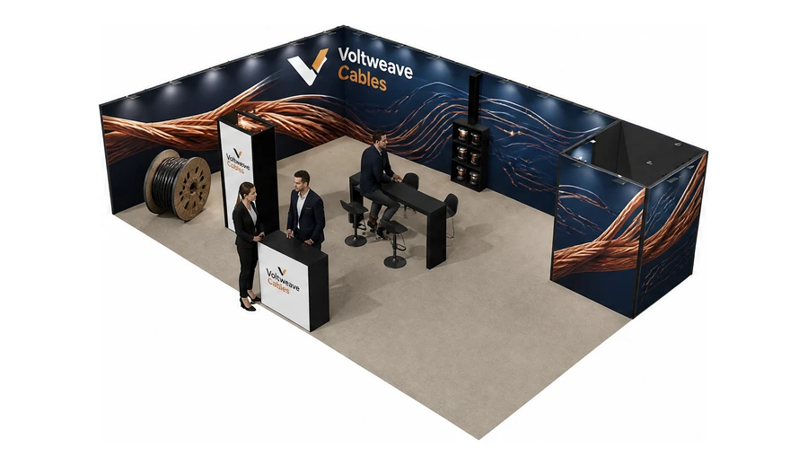 Stoisko 10 × 6 m narożne lewe dla branży kable i elektrotechnika, przykładowa marka Voltweave Cables