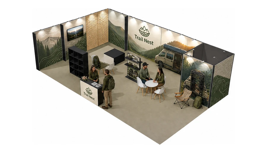 Stoisko 10 × 6 m narożne lewe dla branży caravaning i kampery, przykładowa marka Trail Nest