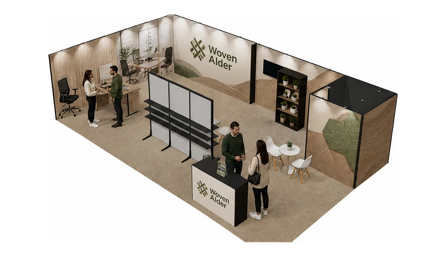 Stoisko 10 × 6 m narożne lewe dla branży meble biurowe, przykładowa marka Woven Alder