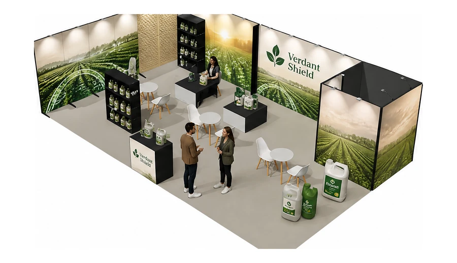 Stoisko 10 × 6 m narożne lewe dla branży nawozy i ochrona roślin, przykładowa marka Verdant Shield