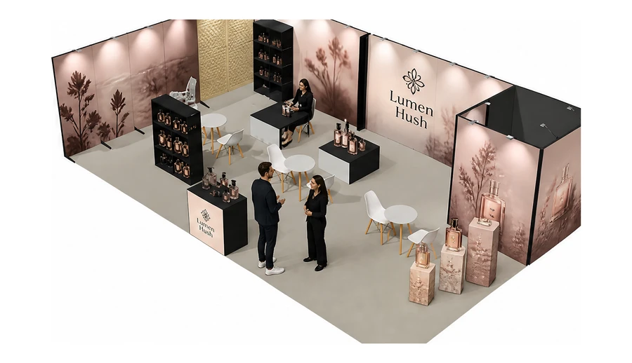 Stoisko 10 × 6 m narożne lewe dla branży perfumy, przykładowa marka Lumen Hush