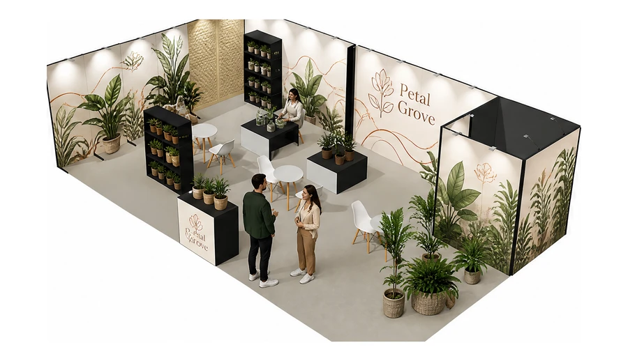 Stoisko 10 × 6 m narożne lewe dla branży rośliny i kwiaciarstwo, przykładowa marka Petal Grove