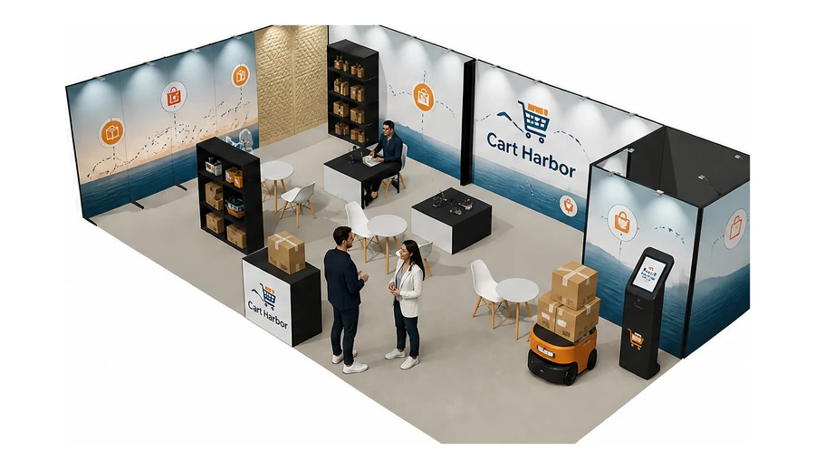 Stoisko 10 × 6 m narożne lewe dla branży e-commerce, przykładowa marka Cart Harbor