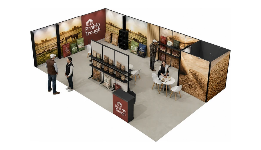 Stoisko 10 × 6 m narożne lewe dla branży hodowla i pasze, przykładowa marka Prairie Trough