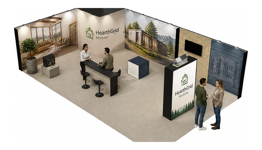 Stoisko 10 × 6 m narożne lewe dla branży domy modułowe i prefabrykacja, przykładowa marka HearthGrid Modular