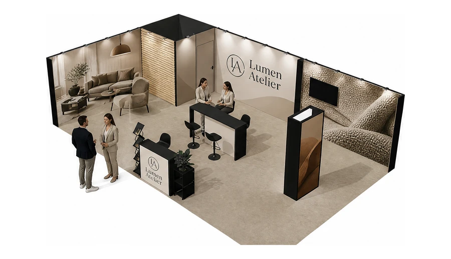 Stoisko 10 × 6 m narożne lewe dla branży meble designerskie, przykładowa marka Lumen Atelier