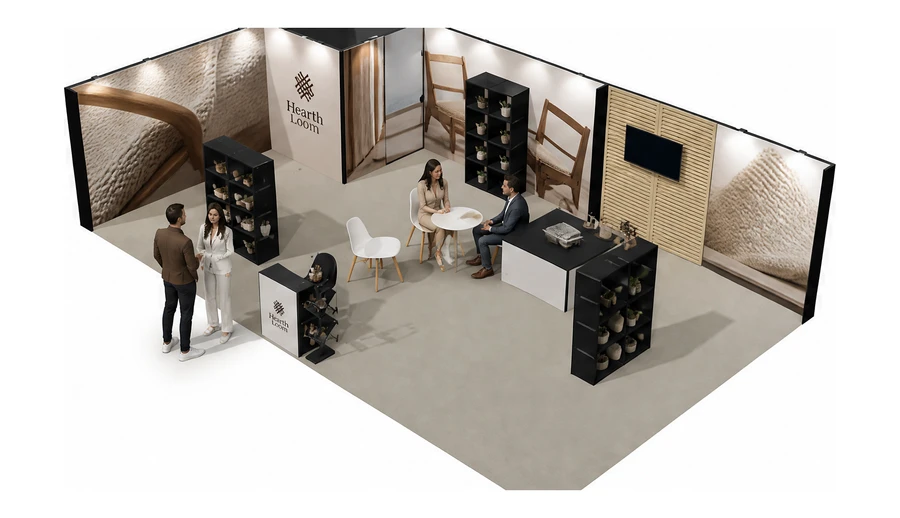 Stoisko 10 × 6 m narożne lewe dla branży meble designerskie, przykładowa marka Hearth Loom