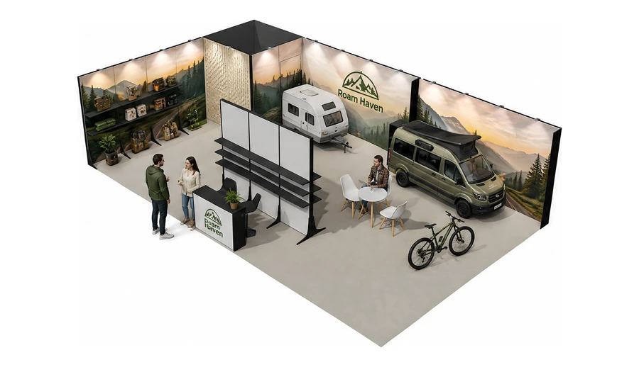 Stoisko 10 × 6 m narożne lewe dla branży caravaning i kampery, przykładowa marka Roam Haven