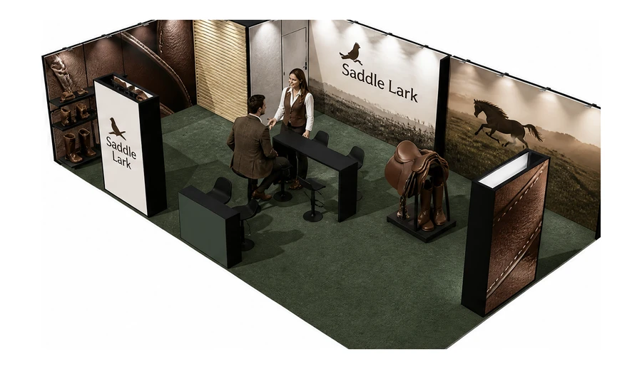 Stoisko 10 × 6 m narożne lewe dla branży jeździectwo, przykładowa marka Saddle Lark