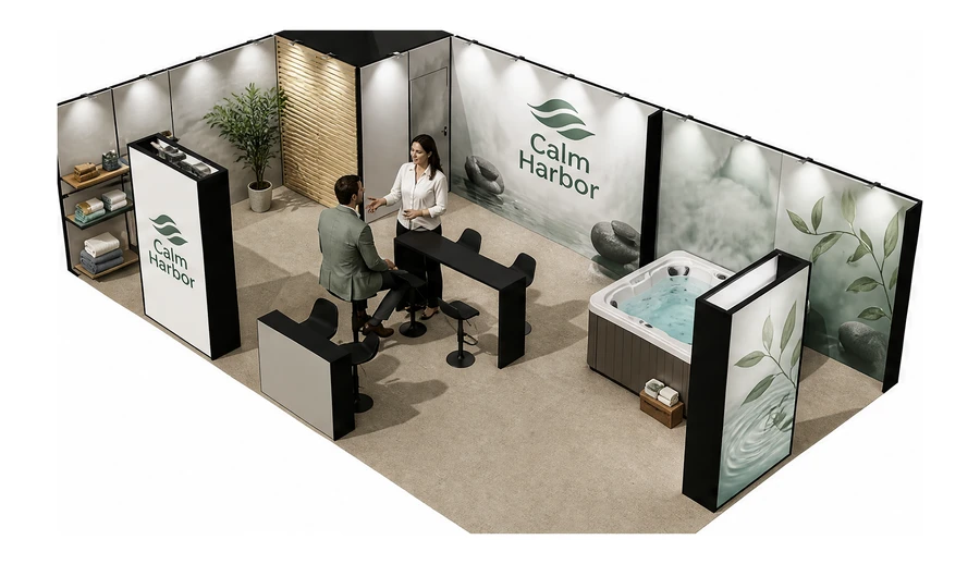 Stoisko 10 × 6 m narożne lewe dla branży spa i wellness, przykładowa marka Calm Harbor