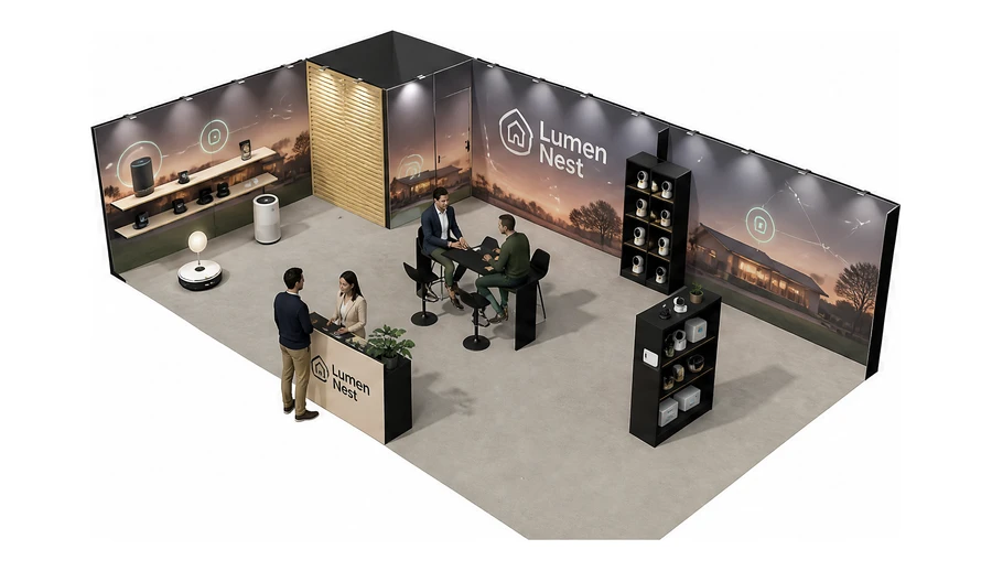 Stoisko 10 × 6 m narożne lewe dla branży smart home i IoT, przykładowa marka Lumen Nest