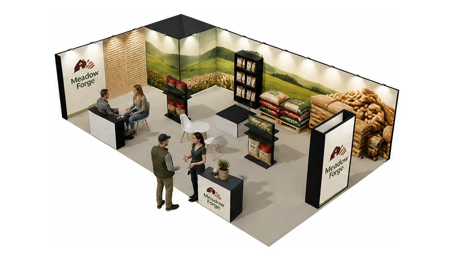 Stoisko 10 × 6 m narożne lewe dla branży hodowla i pasze, przykładowa marka Meadow Forge