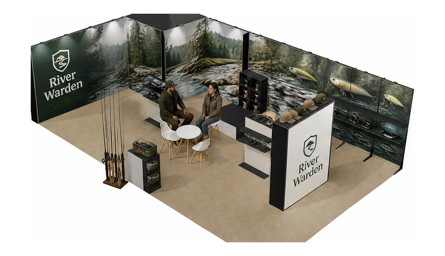 Stoisko 10 × 6 m narożne lewe dla branży wędkarstwo, przykładowa marka River Warden