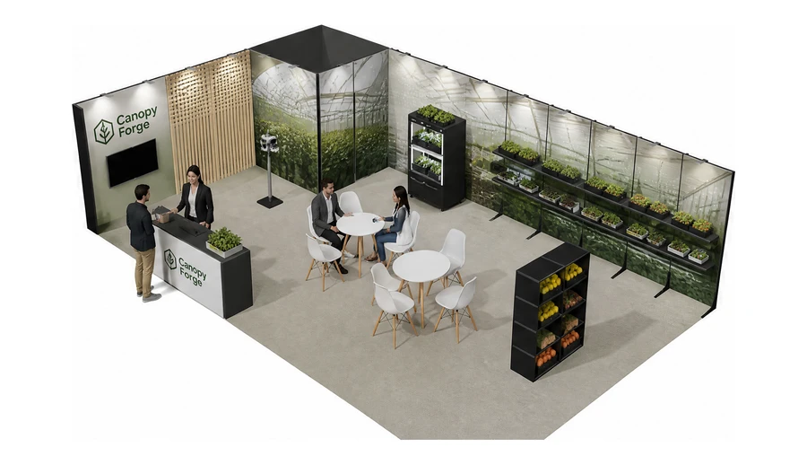 Stoisko 10 × 6 m narożne lewe dla branży sadownictwo i warzywnictwo, przykładowa marka Canopy Forge
