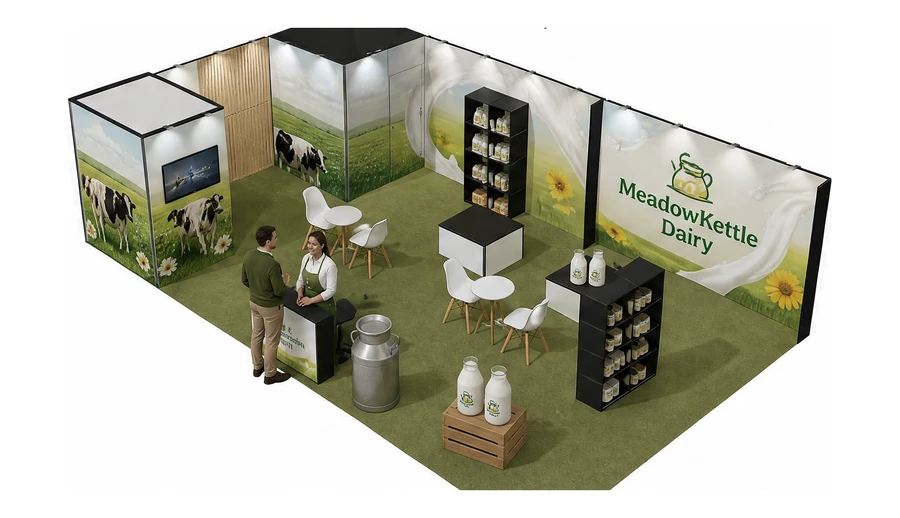Stoisko 10 × 6 m narożne lewe dla branży nabiał i mleczarstwo, przykładowa marka MeadowKettle Dairy