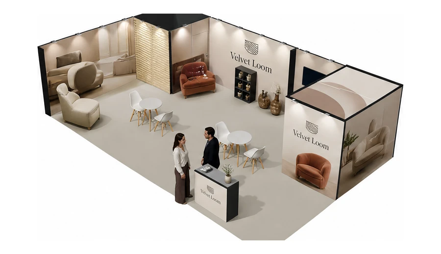Stoisko 10 × 6 m narożne lewe dla branży meble designerskie, przykładowa marka Velvet Loom