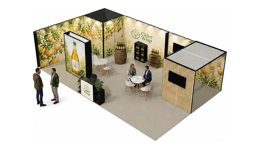 Stoisko 10 × 6 m narożne lewe dla branży napoje, przykładowa marka Cider Wisp