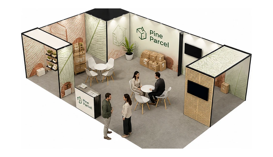 Stoisko 10 × 6 m narożne lewe dla branży opakowania ekologiczne, przykładowa marka Pine Parcel