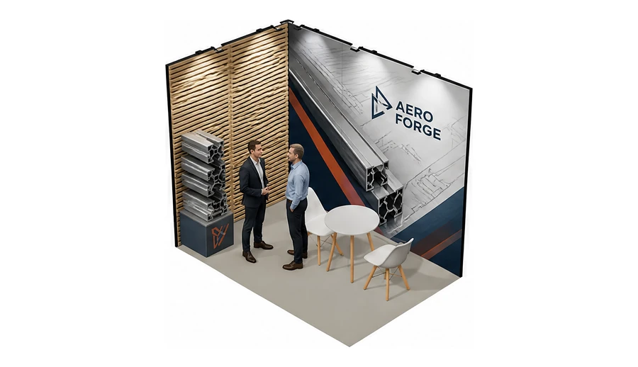 Stoisko 3 × 2 m narożne lewe dla branży profile aluminiowe, przykładowa marka Aero Forge