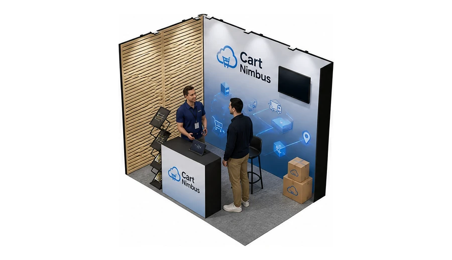 Stoisko 3 × 2 m narożne lewe dla branży e-commerce, przykładowa marka Cart Nimbus