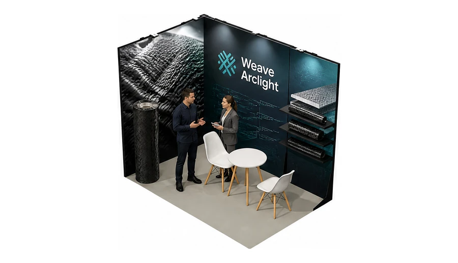Stoisko 3 × 2 m narożne lewe dla branży materiały kompozytowe, przykładowa marka Weave Arclight