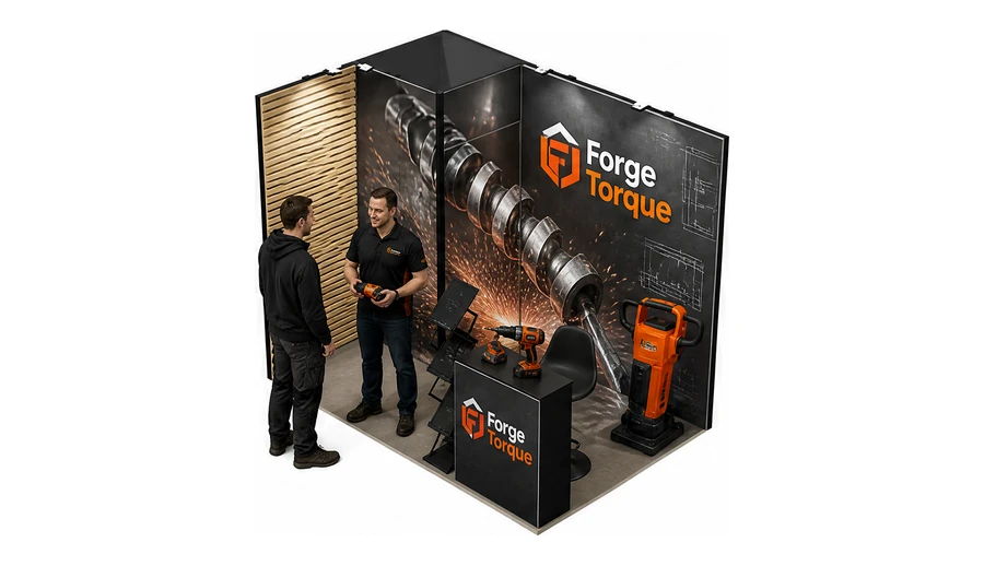 Stoisko 3 × 2 m narożne lewe dla branży elektronarzędzia, przykładowa marka Forge Torque