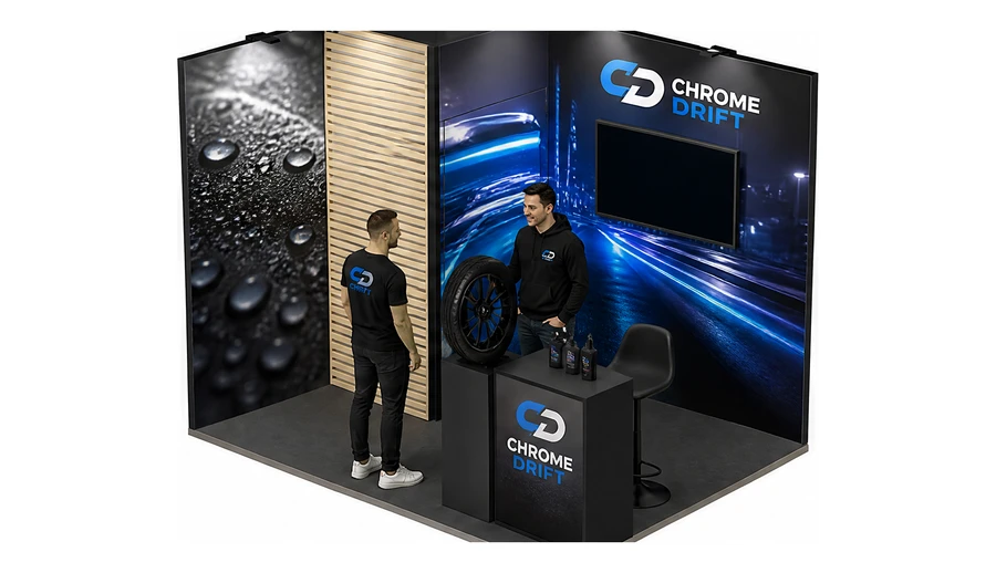 Stoisko 3 × 2 m narożne lewe dla branży tuning i detailing, przykładowa marka Chrome Drift