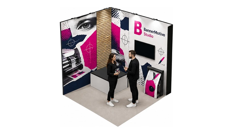 Stoisko 3 × 3 m narożne lewe dla branży reklama i druk, przykładowa marka BannerMotive Studio