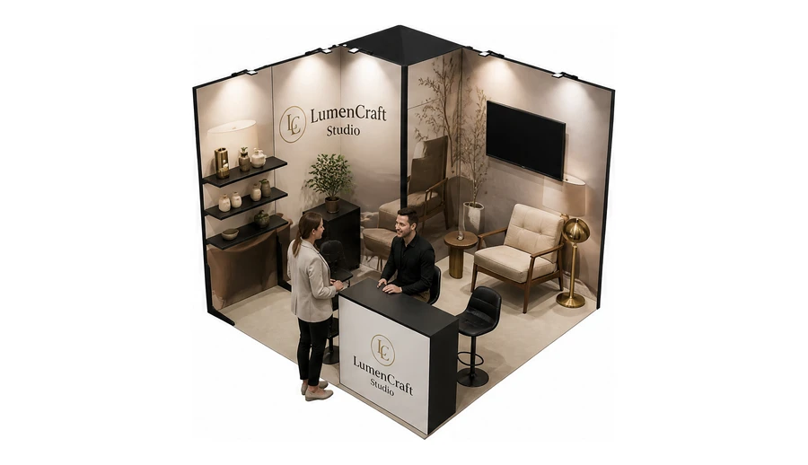 Stoisko 3 × 3 m narożne lewe dla branży meble designerskie, przykładowa marka LumenCraft Studio