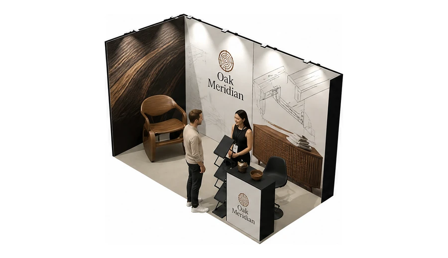 Stoisko 4 × 2 m narożne lewe dla branży meble designerskie, przykładowa marka Oak Meridian