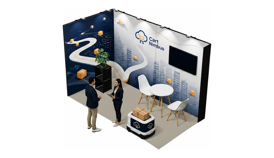Stoisko 4 × 2 m narożne lewe dla branży e-commerce, przykładowa marka Cart Nimbus