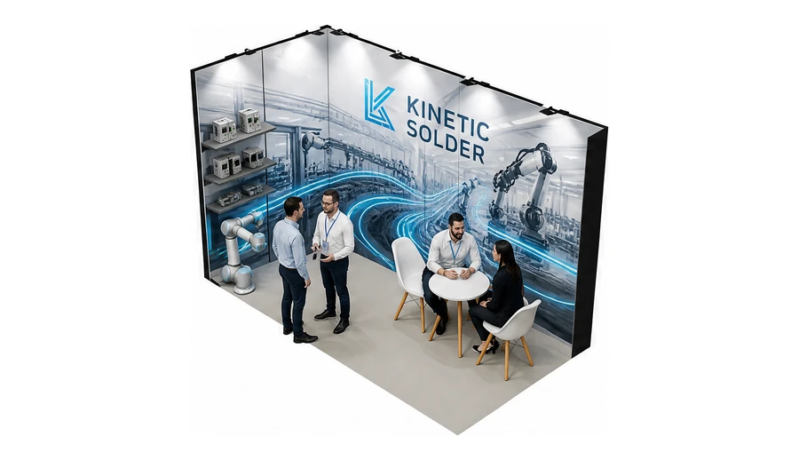 Stoisko 4 × 2 m narożne lewe dla branży automatyka przemysłowa, przykładowa marka Kinetic Solder