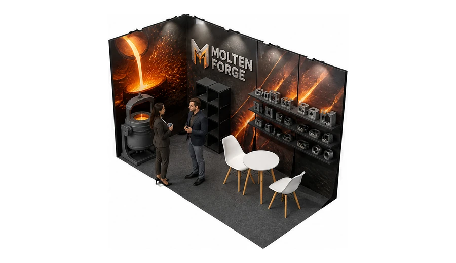 Stoisko 4 × 2 m narożne lewe dla branży obróbka metali i odlewnictwo, przykładowa marka Molten Forge