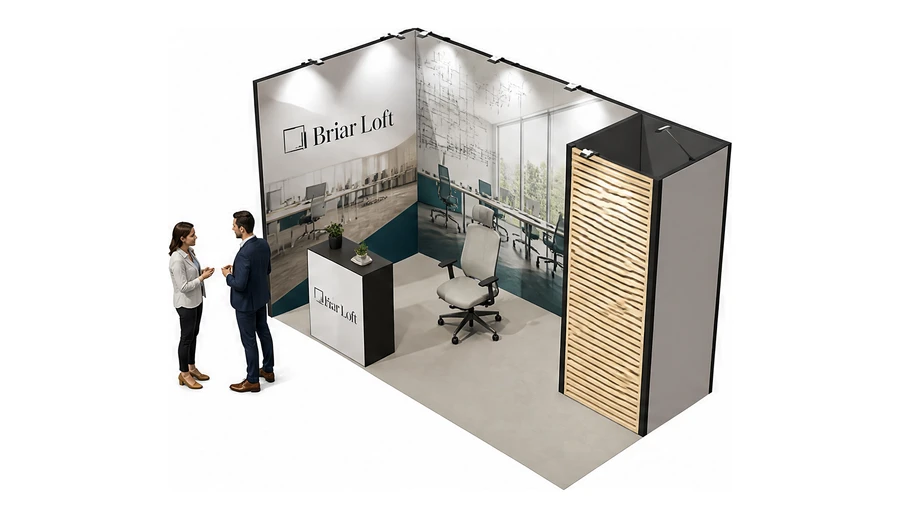 Stoisko 4 × 2 m narożne lewe dla branży meble biurowe, przykładowa marka Briar Loft