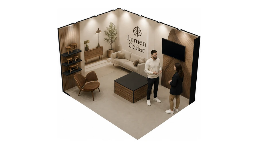 Stoisko 4 × 3 m narożne lewe dla branży meble designerskie, przykładowa marka Lumen Cedar