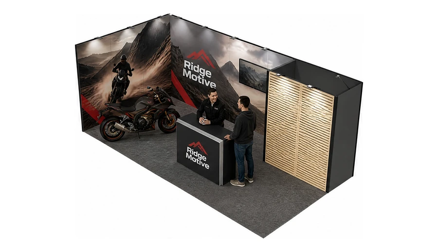 Stoisko 6 × 3 m narożne lewe dla branży motocykle i skutery, przykładowa marka Ridge Motive