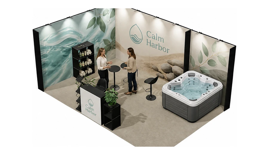 Stoisko 6 × 4 m narożne lewe dla branży spa i wellness, przykładowa marka Calm Harbor
