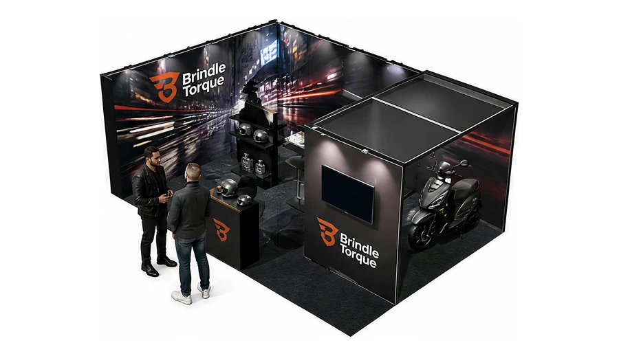 Stoisko 6 × 4 m narożne lewe dla branży motocykle i skutery, przykładowa marka Brindle Torque
