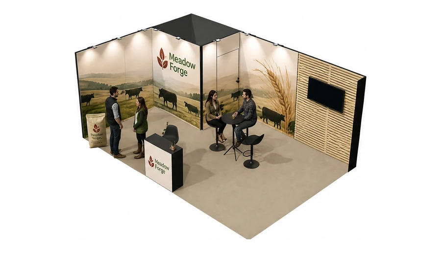 Stoisko 6 × 4 m narożne lewe dla branży hodowla i pasze, przykładowa marka Meadow Forge