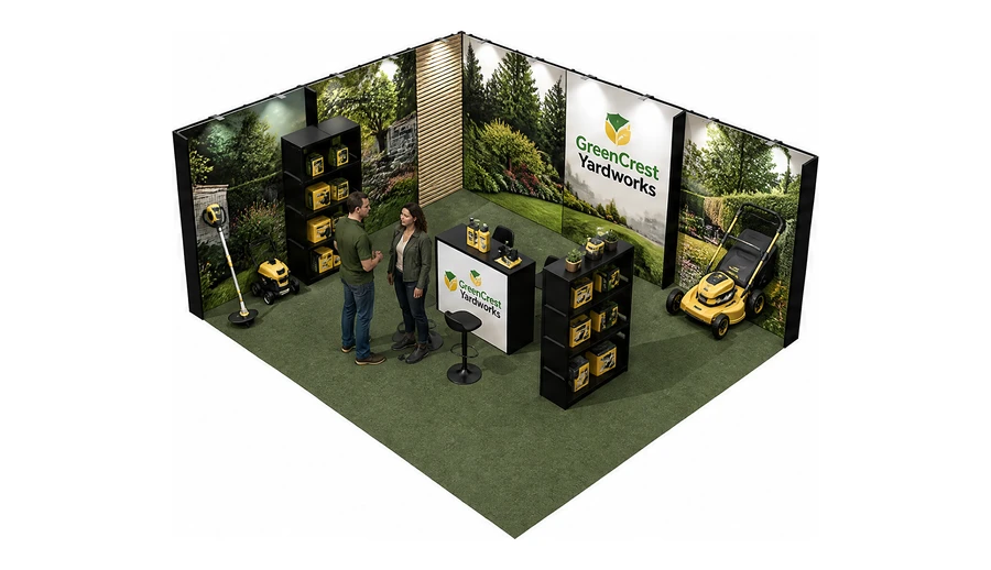 Stoisko 6 × 5 m narożne lewe dla branży ogród i architektura krajobrazu, przykładowa marka GreenCrest Yardworks