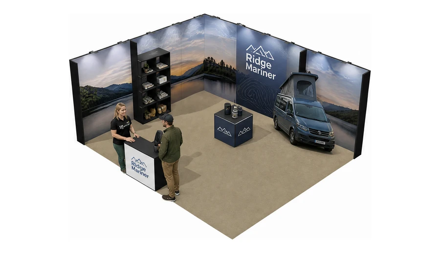 Stoisko 6 × 5 m narożne lewe dla branży caravaning i kampery, przykładowa marka Ridge Mariner